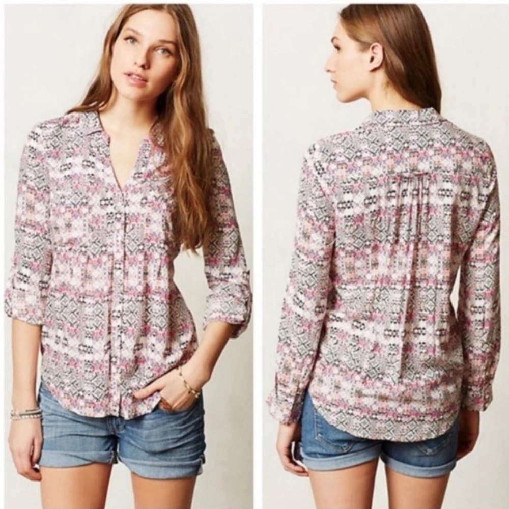 Anthropologie MAEVE Pink Print ISLET BUTTONDOWN